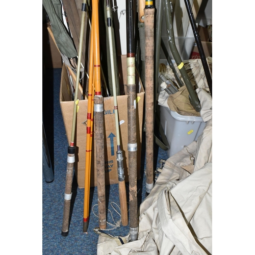 477 - TWO BOXES AND LOOSE FISHING AND CAMPING EQUIPMENT, to include a cream canvas scout tent with metal p... 