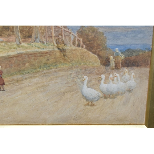 488 - EDWIN BALE (1842-1923) 'THE VILLAGE INN', figures and geese in a lane outside a country inn, signed ... 