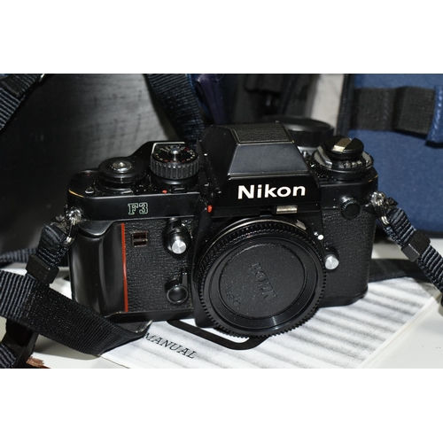 499 - A NIKON F4 VINTAGE FILM SLR CAMERA BODY, a Nikon F3 Film camera body, a 50mm f1.8 lens, an AF 50mm f... 