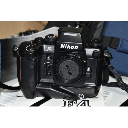 499 - A NIKON F4 VINTAGE FILM SLR CAMERA BODY, a Nikon F3 Film camera body, a 50mm f1.8 lens, an AF 50mm f... 