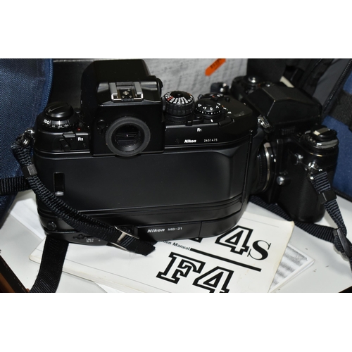 499 - A NIKON F4 VINTAGE FILM SLR CAMERA BODY, a Nikon F3 Film camera body, a 50mm f1.8 lens, an AF 50mm f... 