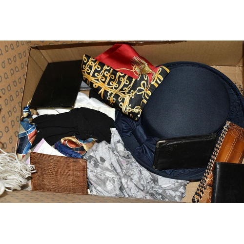 504 - TWO BOXES AND A RAIL OF LADIES CLOTHING AND ACCESSORIES, to include a white Emsmorn Bowls Wear suit,... 