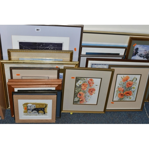 361 - A SMALL QUANTITY OF PAINTINGS AND PRINTS ETC, to include two watercolours depicting wild poppies and... 