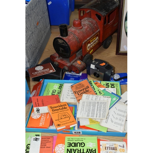 428 - TWO BOXES AND LOOSE TOY TRAIN, RAILWAY TIMETABLES AND A CAMERA, to include a Triang Puff-Puff train,... 