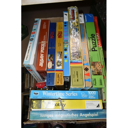 512 - THREE BOXES OF TOYS AND GAMES ETC, to include a Steiff Okapi, a wooden battleship, boxed magnetic bl... 