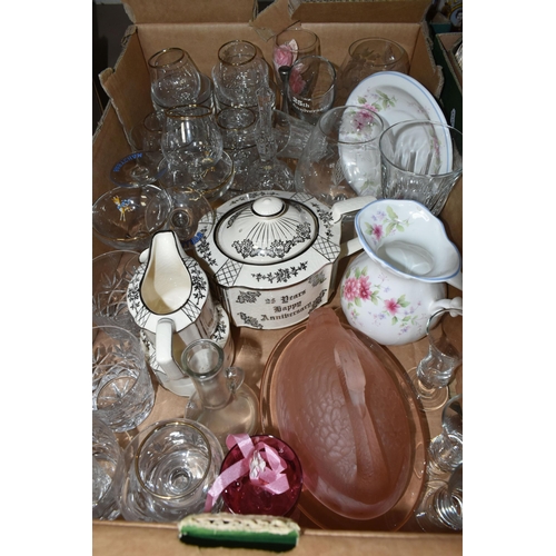 513 - THREE BOXES OF ASSORTED CERAMICS AND GLASS ETC, to include a Royal Albert 'Old Country Roses' teapot... 