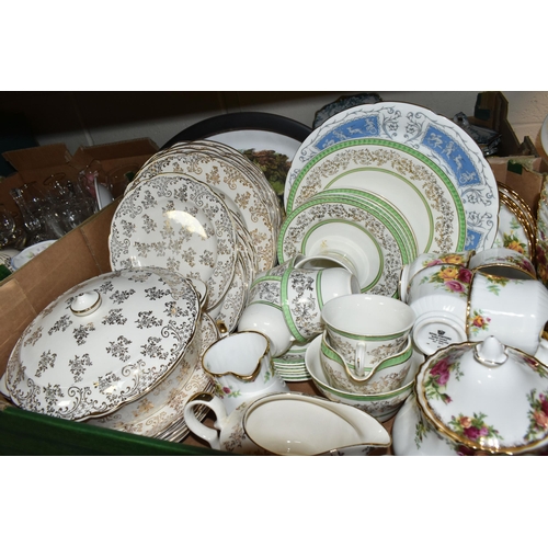 513 - THREE BOXES OF ASSORTED CERAMICS AND GLASS ETC, to include a Royal Albert 'Old Country Roses' teapot... 