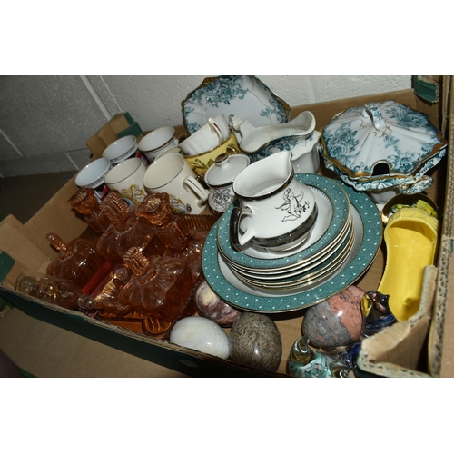 513 - THREE BOXES OF ASSORTED CERAMICS AND GLASS ETC, to include a Royal Albert 'Old Country Roses' teapot... 