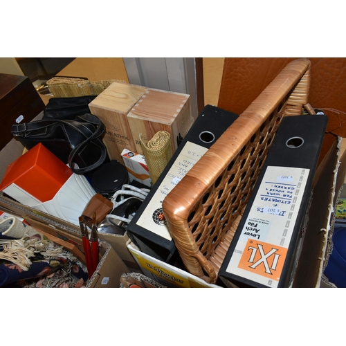 522 - SIX BOXES AND LOOSE MISCELLANEOUS ITEMS, to include a writing box in need of some attention, a woode... 