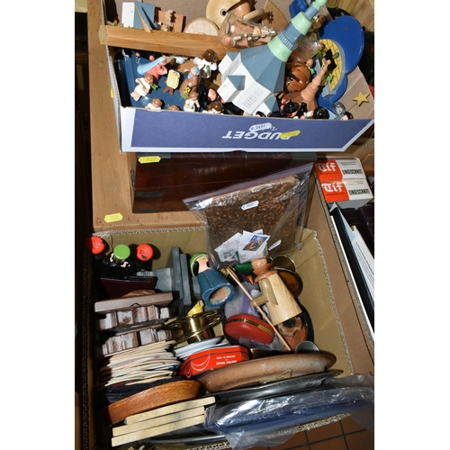 522 - SIX BOXES AND LOOSE MISCELLANEOUS ITEMS, to include a writing box in need of some attention, a woode... 