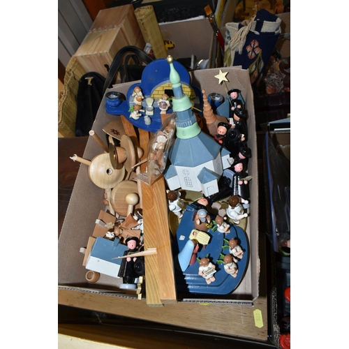 522 - SIX BOXES AND LOOSE MISCELLANEOUS ITEMS, to include a writing box in need of some attention, a woode... 