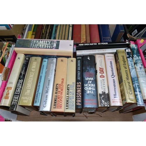 527 - SIX BOXES OF BOOKS, in paperback and hardback formats, over one hundred titles to include history, f... 