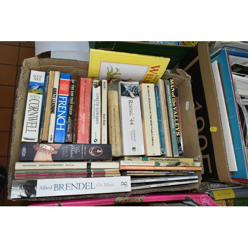 527 - SIX BOXES OF BOOKS, in paperback and hardback formats, over one hundred titles to include history, f... 