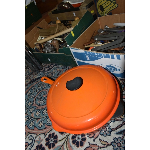 533 - FOUR BOXES AND LOOSE KITCHENWARES, to include a Le Creuset 27 dual lipped covered pan in orange (cov... 