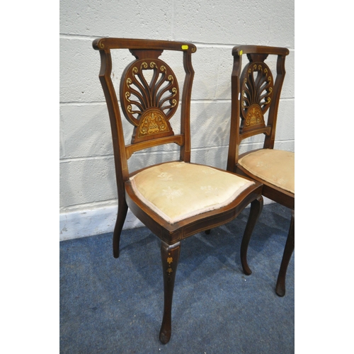 1193 - A SET OF FOUR EDWARDIAN MAHOGANY AND MARQUETRY INLAID CHAIRS, with open motif back (condition:-good ... 