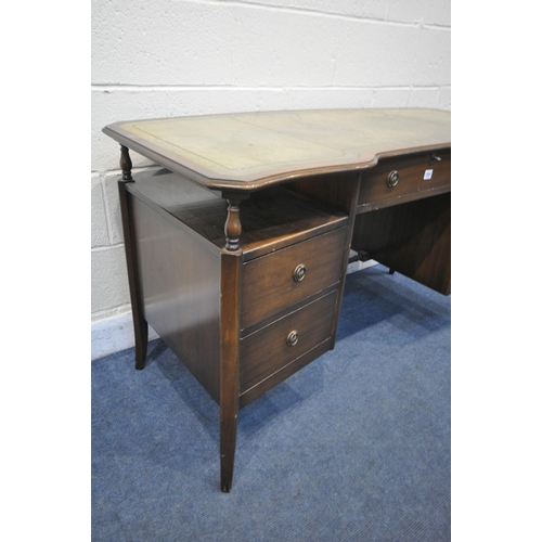 1201 - A MODERN REPRODUCTION KNEE HOLE DESK, with a green leather writing surface and five drawers, width 1... 