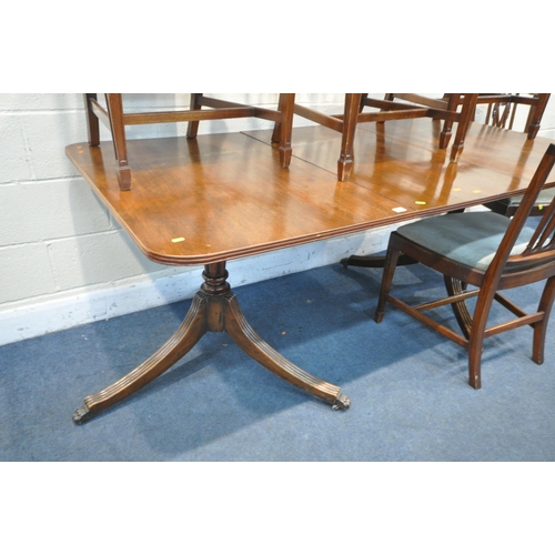 1207 - A REGENCY STYLE MAHOGANY TWIN PEDESTAL DINING TABLE, with an additional leaf, extended length 190cm ... 