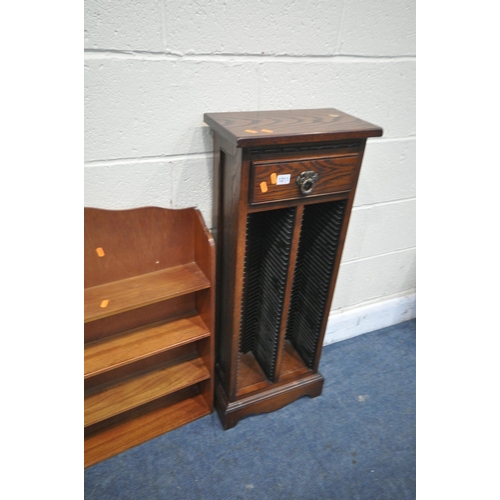 1211 - AN OLD CHARM OAK CD RACK, with a single drawer, along with a hanging shelf rack (condition:-water st... 