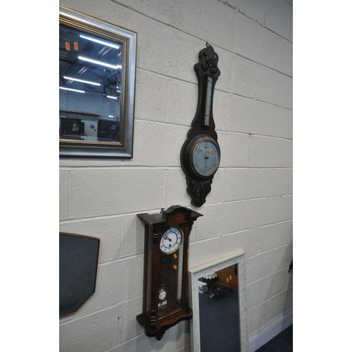 1213 - A LATE 19TH CENTURY WALNUT VIENNA WALL CLOCK, height 79cm, with pendulum, an oak aneroid barometer, ... 