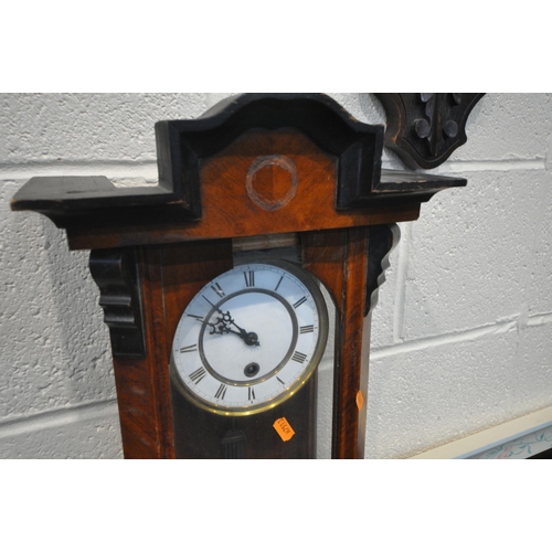 1213 - A LATE 19TH CENTURY WALNUT VIENNA WALL CLOCK, height 79cm, with pendulum, an oak aneroid barometer, ... 