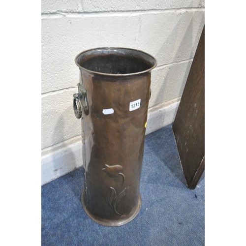 1215 - AN ARTS AND CRAFTS COPPER STICK STAND, with twin handles, height 57cm, and an oak hanging corner cup... 