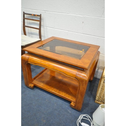 1219 - A CHINESE HARDWOOD QING STYLE COFFEE TABLE, with smoked glass insert, width 74cm x depth 64cm x heig... 