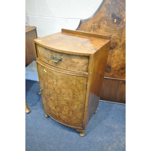 1228 - A 20TH CENTURY BURR WALNUT AND CROSS BANDED QUEEN ANNE STYLE BEDROOM SUITE, comprising a two door li... 