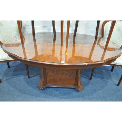 1229 - AN ITALIAN BURR WALNUT OVAL DINING TABLE, on a central pedestal, width 166cm x depth x 109cm x heigh... 