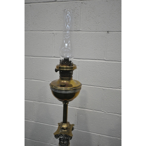 1236 - A 19TH CENTURY BRASS TELESCOPIC OIL LAMP, with a glass funnel and reservoir on a Corinthian column s... 