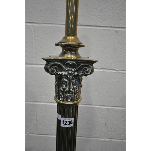 1236 - A 19TH CENTURY BRASS TELESCOPIC OIL LAMP, with a glass funnel and reservoir on a Corinthian column s... 