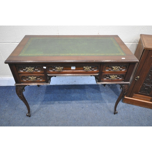 1238 - A LATE VICTORIAN MAHOGANY LADIES DESK, with a green leather writing surface and five draws on cabrio... 