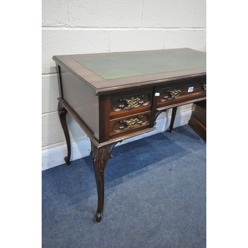 1238 - A LATE VICTORIAN MAHOGANY LADIES DESK, with a green leather writing surface and five draws on cabrio... 