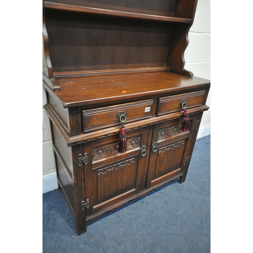 1239 - AN OLD CHARM OAK DRESSER, with two drawers and linenfold double doors, width 93cm x depth 43cm x hei... 