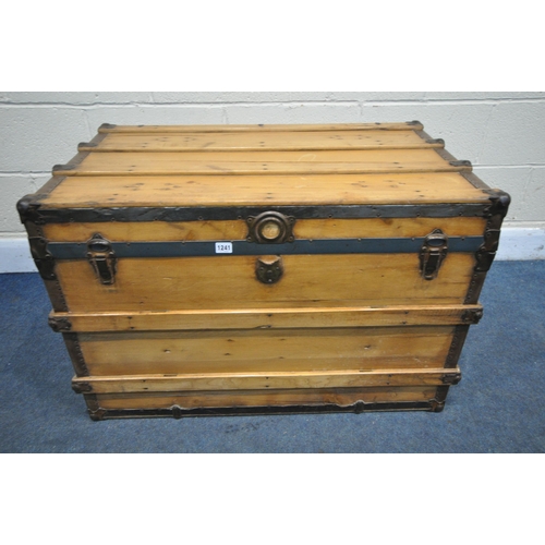 1241 - A 19TH CENTURY PINE TRAVELLING TRUNK, with metal banding, width 92cm x depth 56cm x height 62cm (con... 