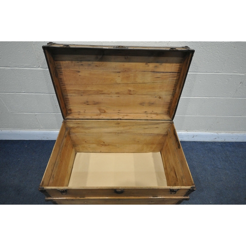 1241 - A 19TH CENTURY PINE TRAVELLING TRUNK, with metal banding, width 92cm x depth 56cm x height 62cm (con... 