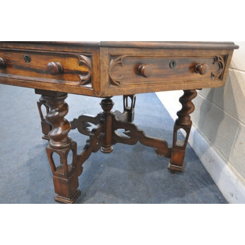 1242 - A 19TH CENTURY OAK GOTHIC REVIVAL OCTAGONAL CENTRE LIBRARY TABLE, with a green leather writing surfa... 