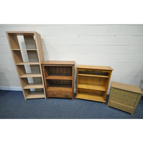 1245 - A SELECTION OF THREE OPEN BOOKCASES, and a small chest of drawers (condition:- wear and tear, one fo... 