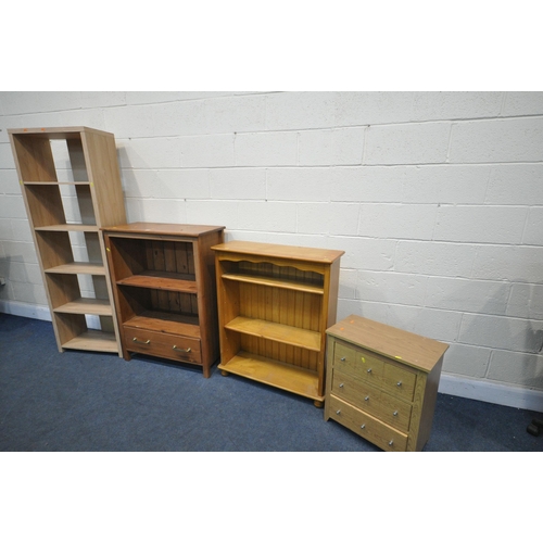 1245 - A SELECTION OF THREE OPEN BOOKCASES, and a small chest of drawers (condition:- wear and tear, one fo... 