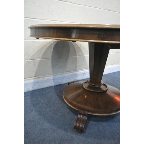 1249 - A VICTORIAN FLAME MAHOGANY CIRCULAR BREAKFAST TABLE, with a tilting top on circular pedestal base an... 