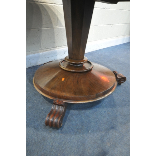 1249 - A VICTORIAN FLAME MAHOGANY CIRCULAR BREAKFAST TABLE, with a tilting top on circular pedestal base an... 