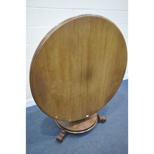 1249 - A VICTORIAN FLAME MAHOGANY CIRCULAR BREAKFAST TABLE, with a tilting top on circular pedestal base an... 