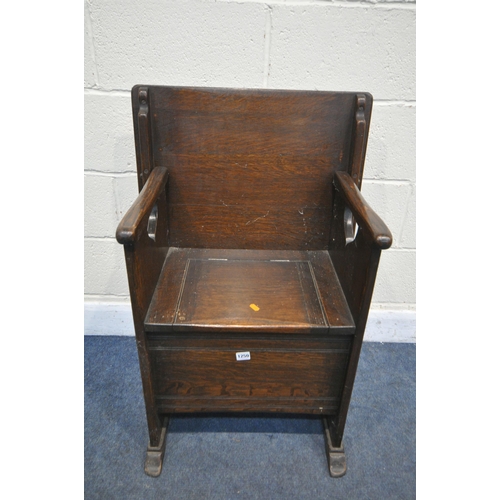 1250 - AN EARLY TO MID 20TH CENTURY OAK SINGLE SEAT MONKS BENCH, with a storage compartment, width 62cm x d... 