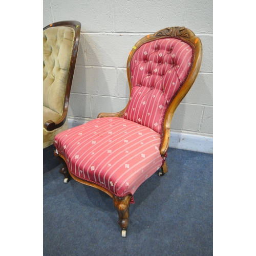 1263 - A VICTORIAN WALNUT SPOON BACK CHAIR, along with late Victorian mahogany spoon back chair (condition:... 