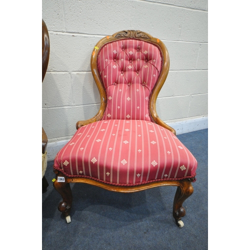 1263 - A VICTORIAN WALNUT SPOON BACK CHAIR, along with late Victorian mahogany spoon back chair (condition:... 