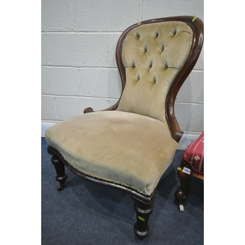 1263 - A VICTORIAN WALNUT SPOON BACK CHAIR, along with late Victorian mahogany spoon back chair (condition:... 