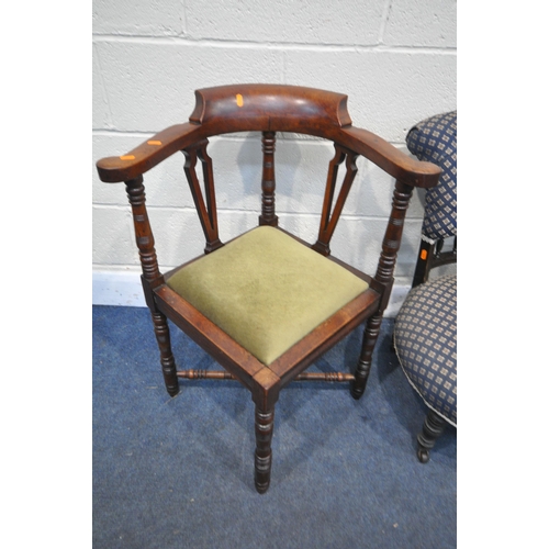 1264 - A SELECTION OF CHAIRS, to include a Edwardian walnut corner chair, an Edwardian circular nursing cha... 