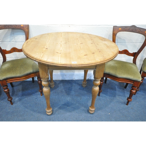 1265 - A PINE CIRCULAR KITCHEN TABLE, diameter 92cm x height 77cm, along with a set of three late Victorian... 