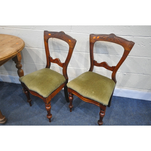 1265 - A PINE CIRCULAR KITCHEN TABLE, diameter 92cm x height 77cm, along with a set of three late Victorian... 