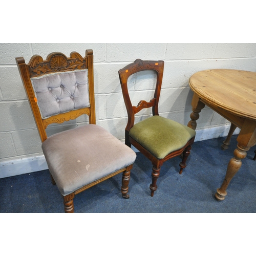 1265 - A PINE CIRCULAR KITCHEN TABLE, diameter 92cm x height 77cm, along with a set of three late Victorian... 