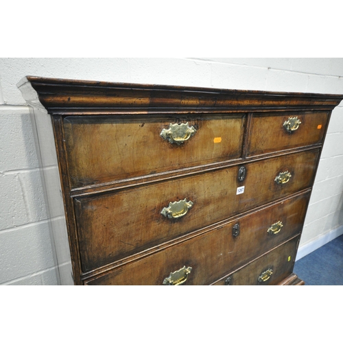 1267 - A PART QUEEN ANNE WALNUT CHEST ON STAND, the top section with two short over three long drawers, wit... 